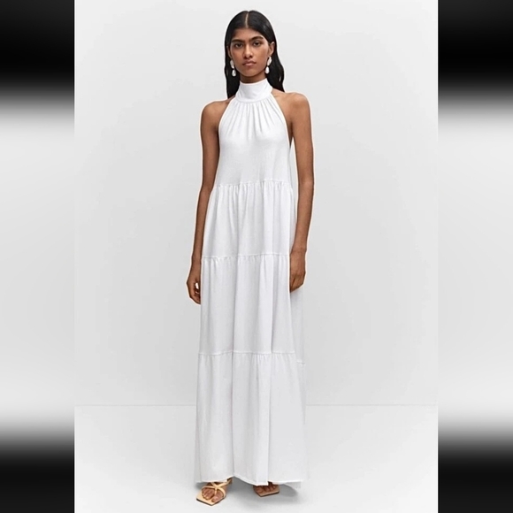 Mango Open Back Halter Neck Cotton Tiered Maxi Dress White Size 18 Plus NWOT - Picture 1 of 15